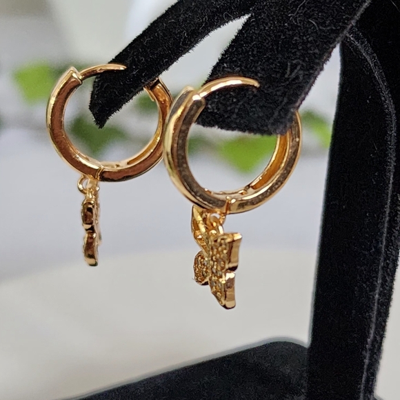 Gold Filled Huggie Hoop Earrings Pave Butterfly Charm - Picture 5 of 8